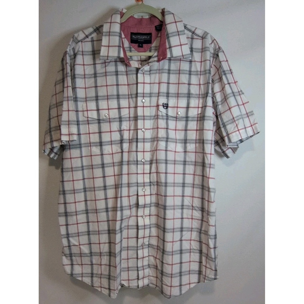 Panhandle Rough Stock Men's XL Short Sleeve Western Plaid Shirt White Red Navy